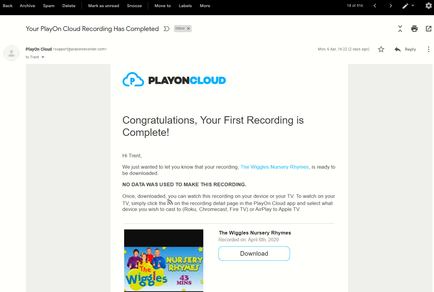 Email Notification that your show has been recorded to your Cloud