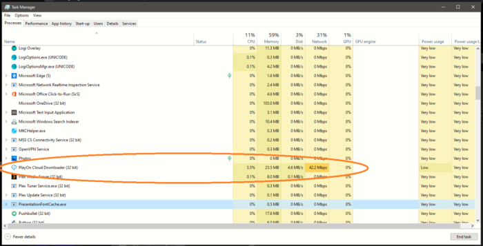 If you find the PlayOn Cloud Downloader in your Task Manager you can see when it's working in the background...