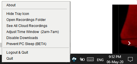 The PC Downloader icon and menu options in the task menu.